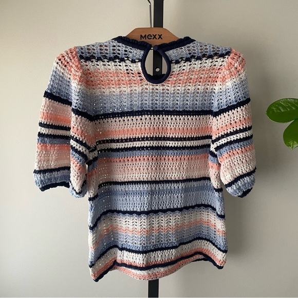 INC Crochet Knit Short Sleeve Sweater Striped Blue White Peach Petite Large - Picture 3 of 8